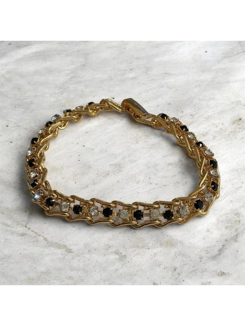 Vintage Gold Tennis Bracelet 7 Inch With Black & Clear Stones Retro Jewelry